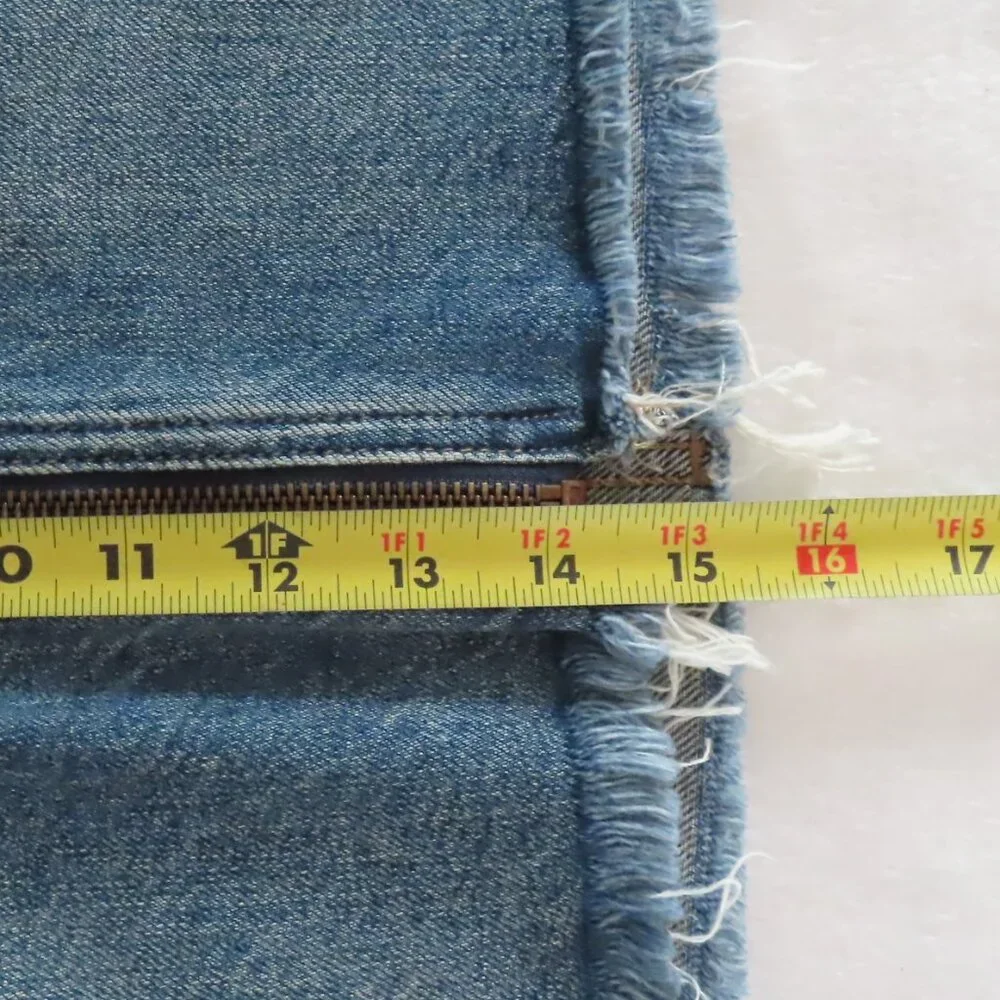 We the Free Zip it Up Denim Mini Skirt Distressed Frayed Raw Hem Blue Size 28 - Picture 12 of 12